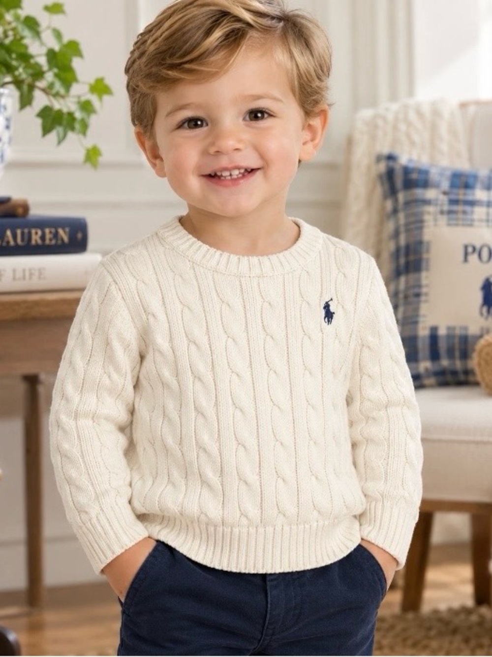 Vintage 2019 Polo Ralph Lauren Boys 2T Cable Knit Sweater Cream 100% Cotton Pony